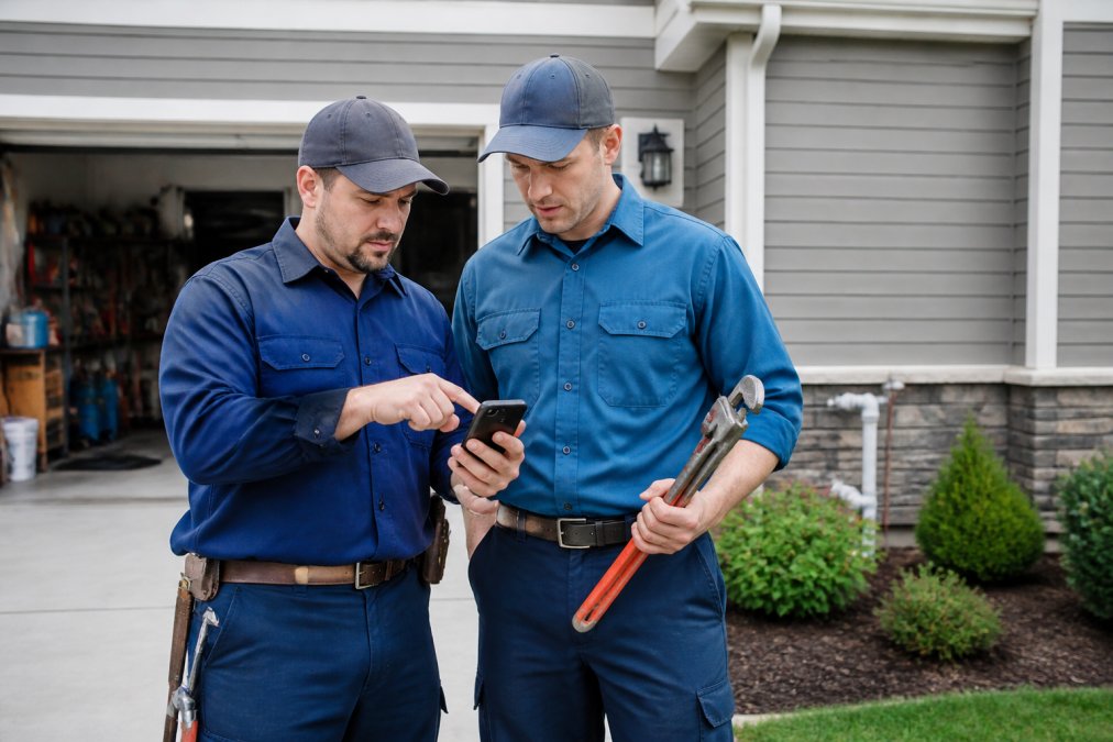 Plumbing crew members using a smartphone to finish jobs faster plumbing while on-site at a residential home.