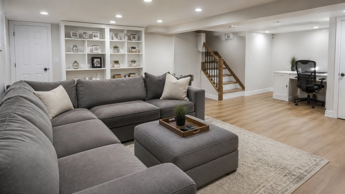 A bright finished basement in a Central New Jersey home with a gray sectional sofa, white built-in shelving, recessed lighting, and a small home office nook with a desk in the corner