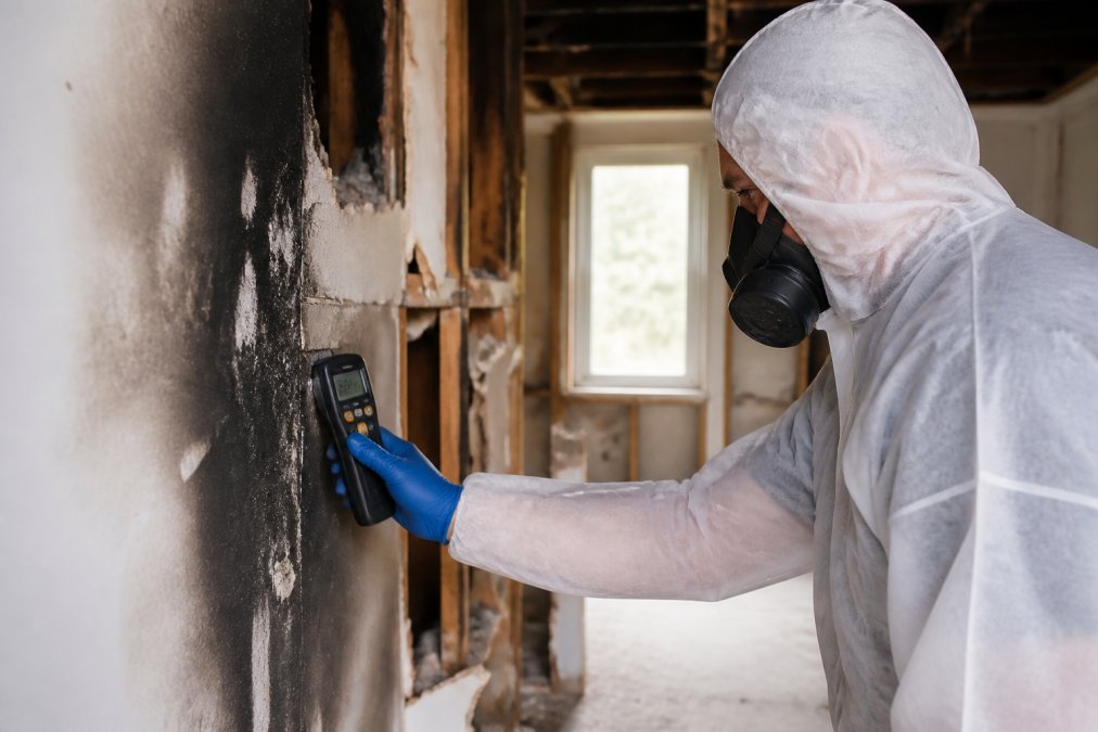 Professional restoration technician in full protective equipment (respirator, gloves, coveralls) using moisture meter to assess fire damage on interior wall, with visible soot discolouration and structural damage in background