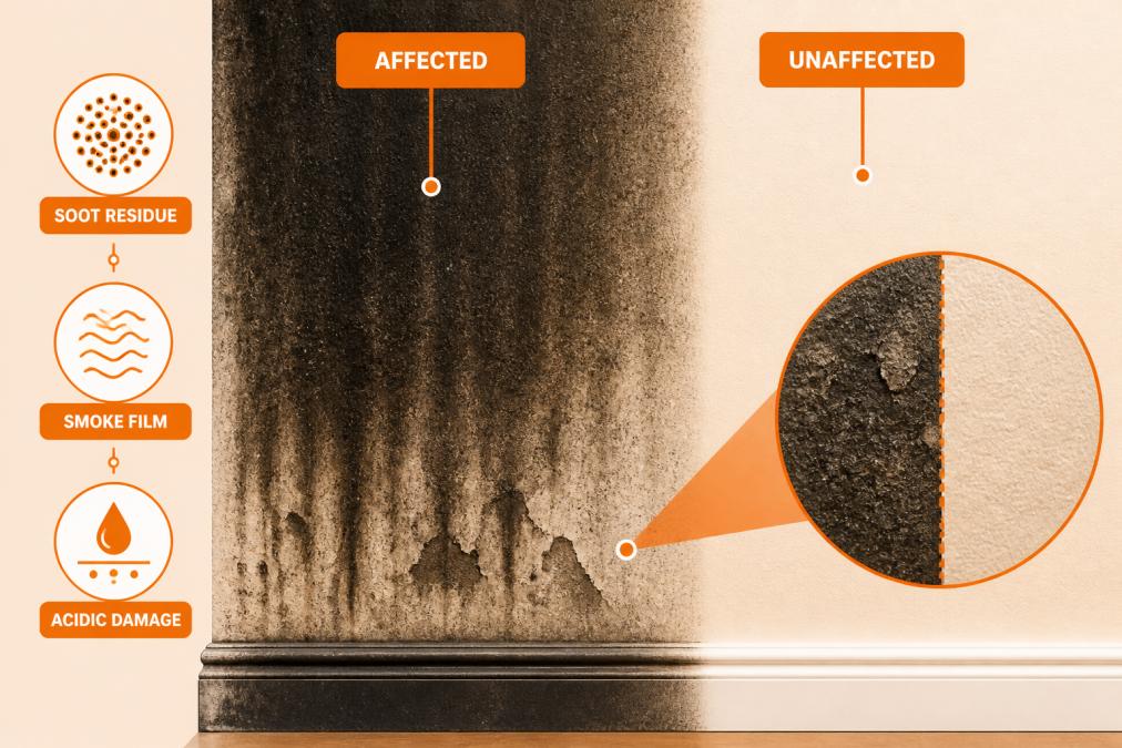 Close-up of heavy soot discolouration on interior wall surface, showing dark black residue and acidic damage patterns, with visible texture difference between affected and unaffected areas