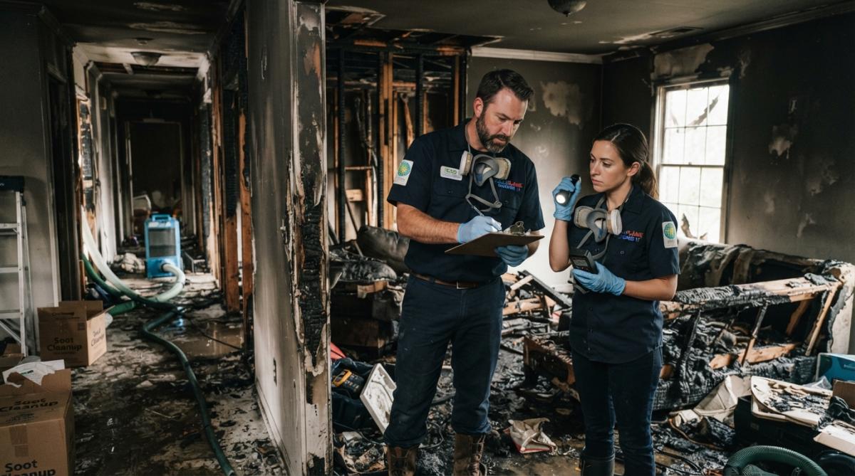 IICRC-certified restoration technician conducting structural inspection of fire-damaged room, using moisture meter and assessment tools on charred walls and soot-covered surfaces in professional protective gear