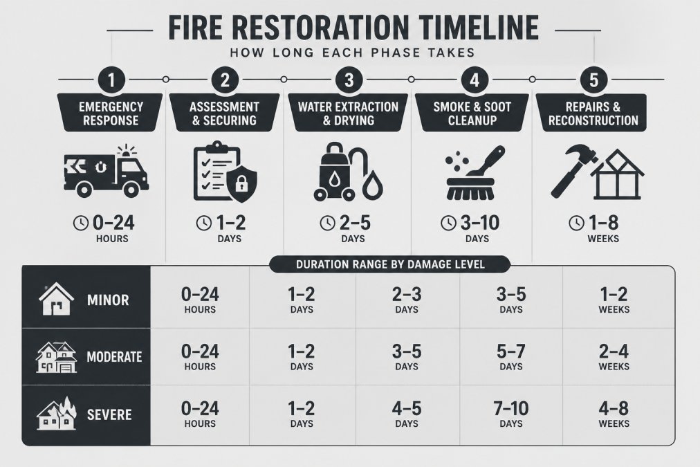 Infographic timeline detailing fire damage restoration phases from emergency response to final reconstruction.