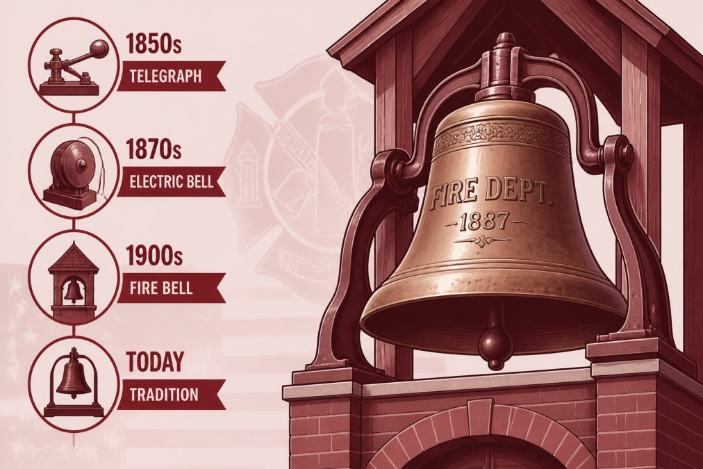 Close-up of a vintage brass fire bell mounted in a historic firehouse bell tower, showing intricate details and aged patina from decades of service