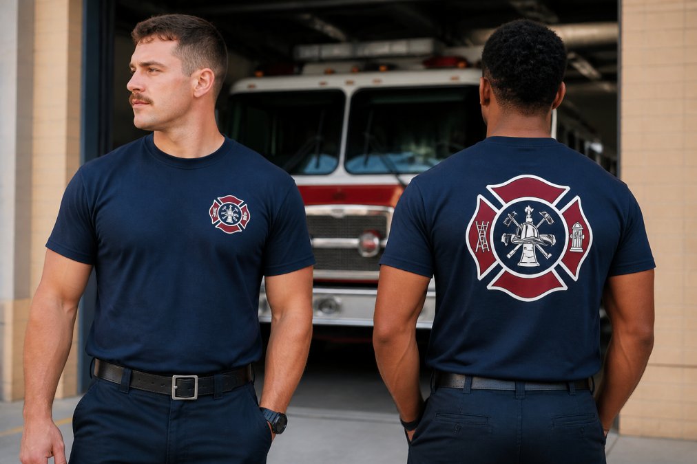 Professional firefighter wearing duty shirt with left chest logo and full back design visible, showing proper logo placement and sizing on apparel in natural lighting