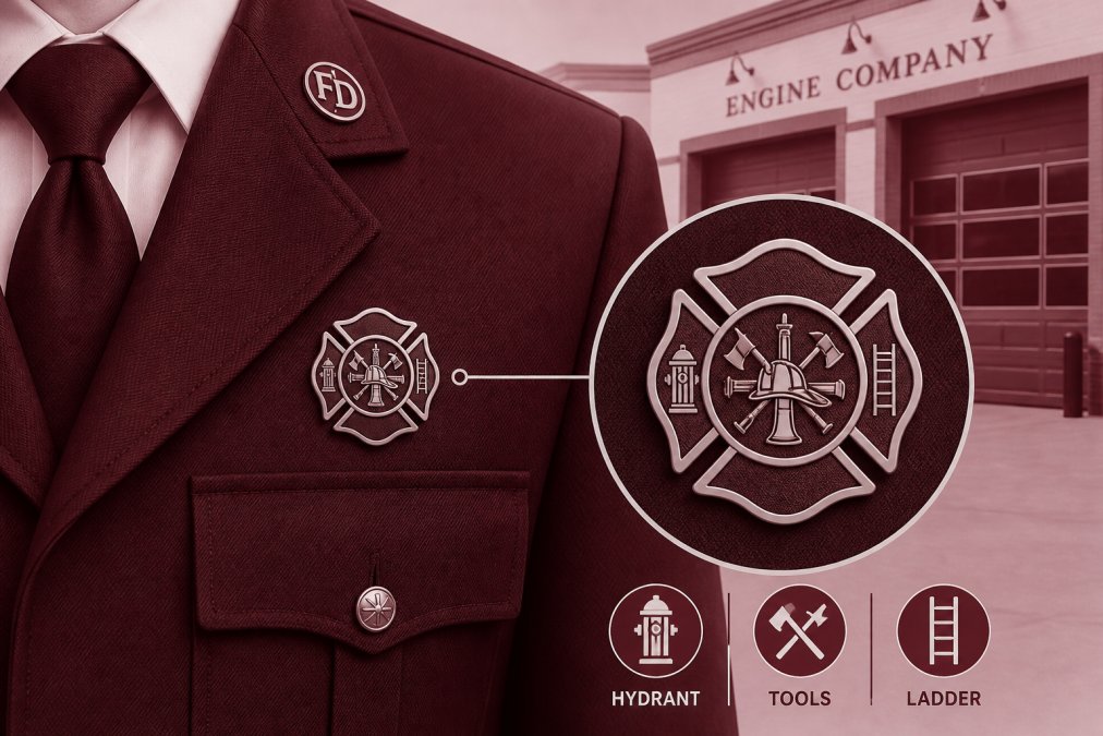 Close-up of firefighter's dress uniform chest showing the scramble insignia emblem with Maltese cross and tools on dark fabric, with firehouse bay doors visible in soft background