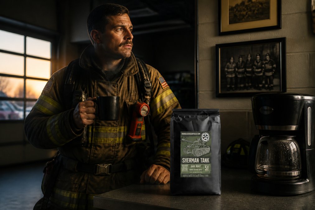 First responder in full uniform holding a steaming coffee mug during pre-dawn shift preparation, alert and focused in the station kitchen with warm morning light