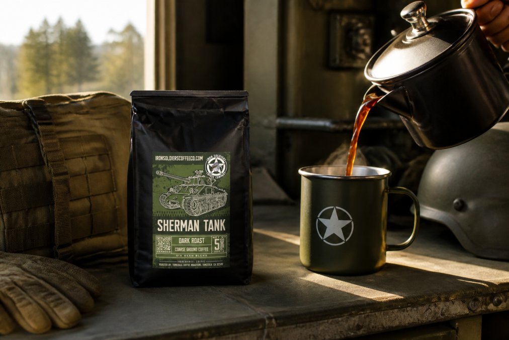 Close-up of premium coffee bags and tactical brewing equipment arranged on a professional workstation, with coffee being poured into a field-grade mug, morning light illuminating the setup