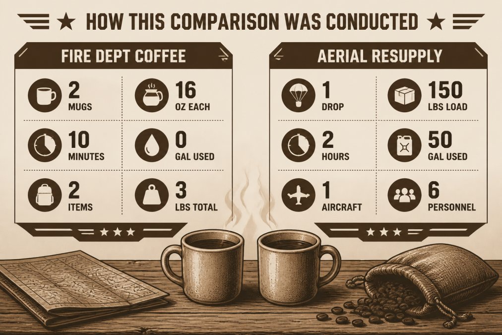 Infographic diagram comparing Fire Dept Coffee vs Aerial Resupply, featuring coffee mugs, a field map, and a burlap sack.