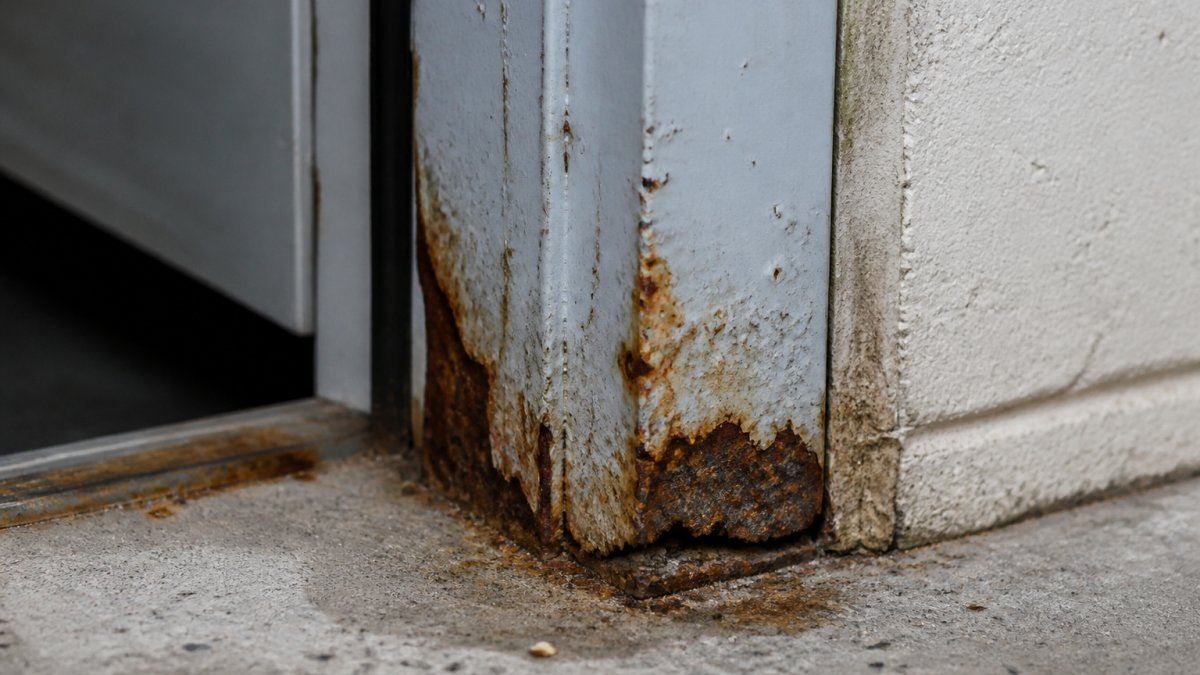 Diagram illustrating corrosion and structural deterioration at the bottom corner of a steel door frame