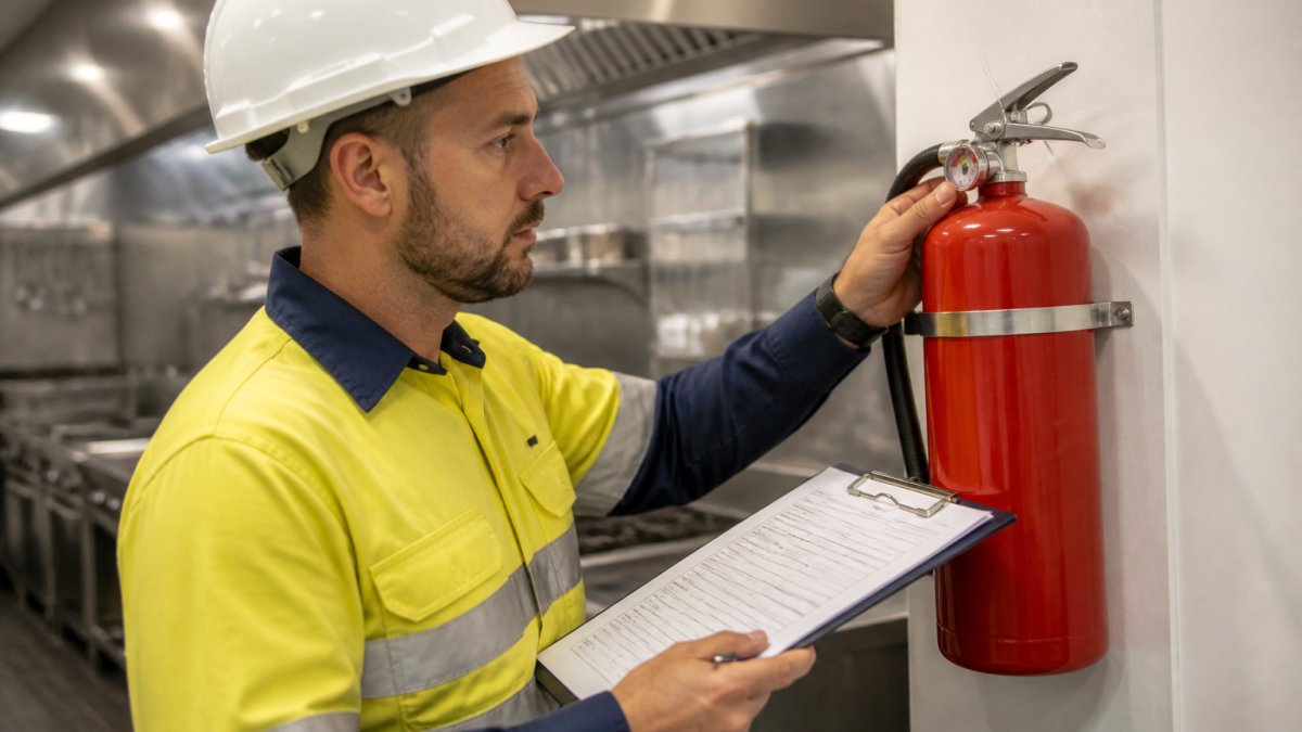 Professional technician in safety gear conducting close-up inspection of fire extinguisher pressure gauge and condition label on wall-mounted unit in commercial kitchen, checking documentation