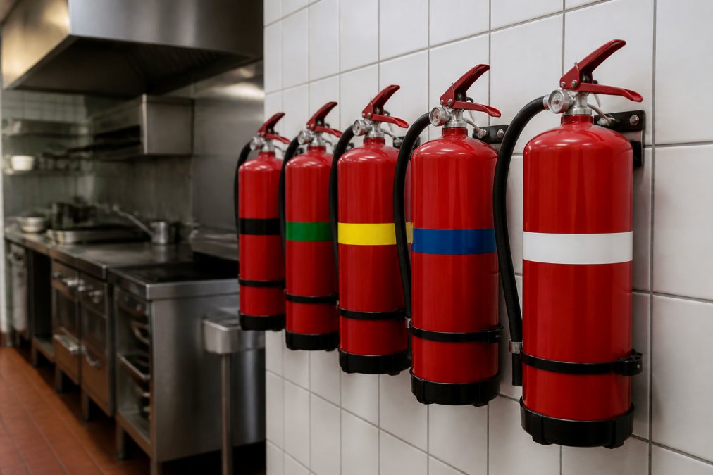 A row of fire extinguishers mounted on a wall in an Australian commercial kitchen, each with a clearly visible colour-coded band on the cylinder, shot in natural light