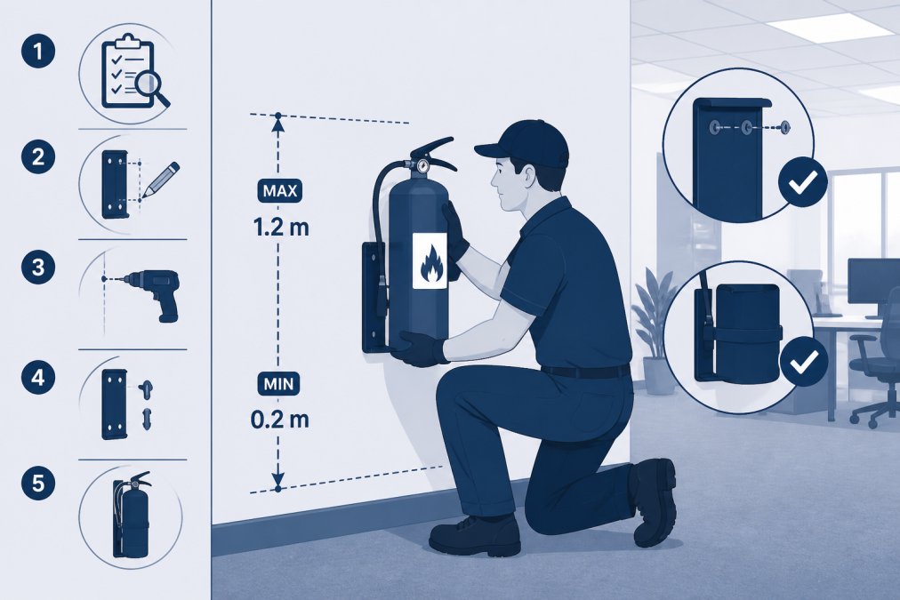 Professional technician installing fire extinguisher on wall-mounted bracket in commercial office setting, showing proper height alignment and secure fastening with natural office lighting
