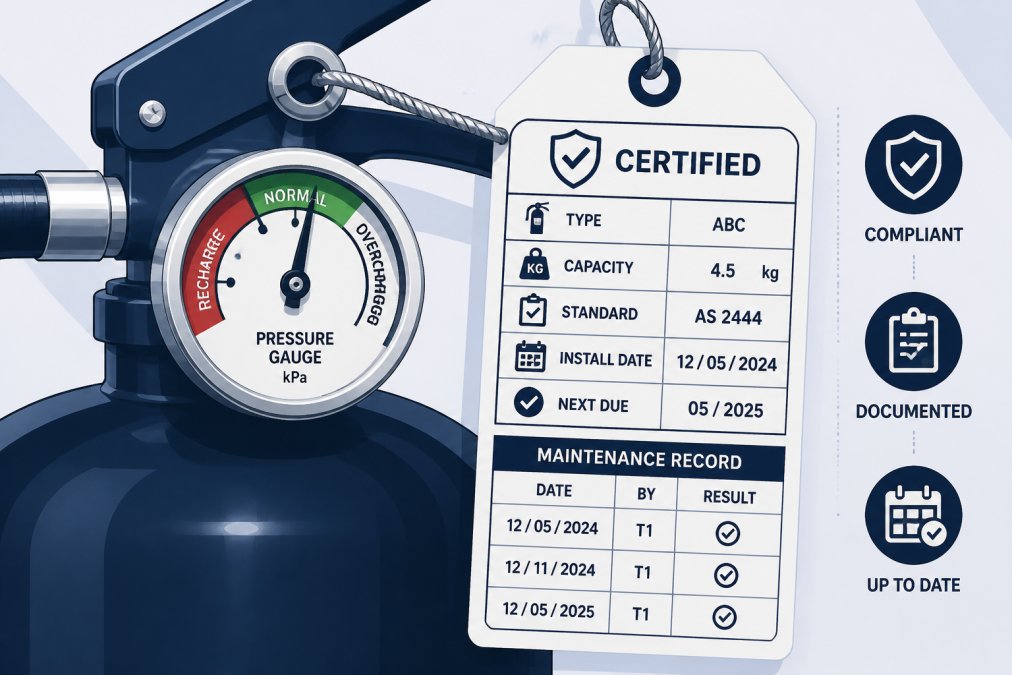 Close-up of fire extinguisher pressure gauge and certification tagging label, showing compliance documentation and maintenance records