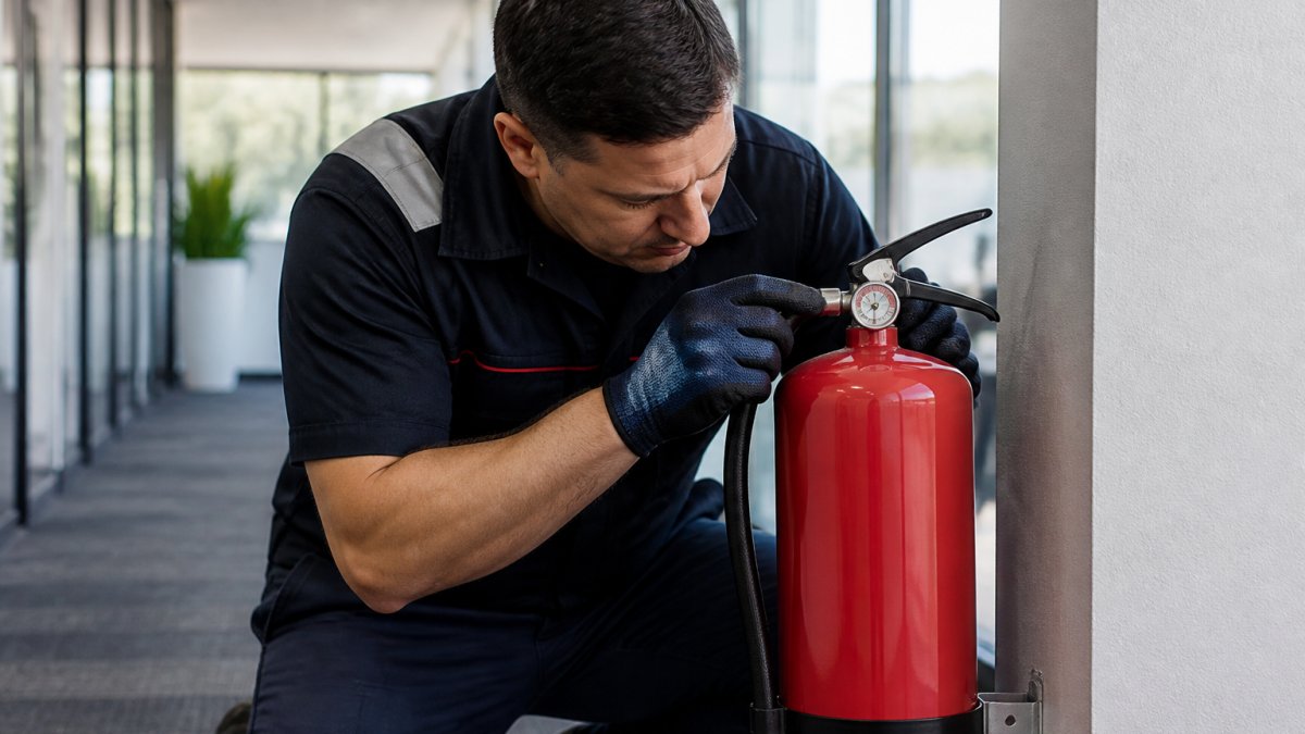 Professional fire safety technician in uniform performing detailed inspection of a portable fire extinguisher, checking pressure gauge, hose connections, and discharge nozzle in a commercial office setting with natural lighting