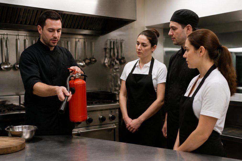 Professional demonstrating proper fire extinguisher grip and positioning technique during training session in a commercial kitchen with stainless steel equipment and warm overhead lighting