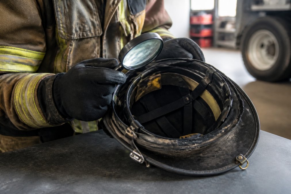 Professional firefighter's gloved hands examining a fire helmet's suspension system and shell with a magnifying glass, checking for cracks and material degradation in bright natural light