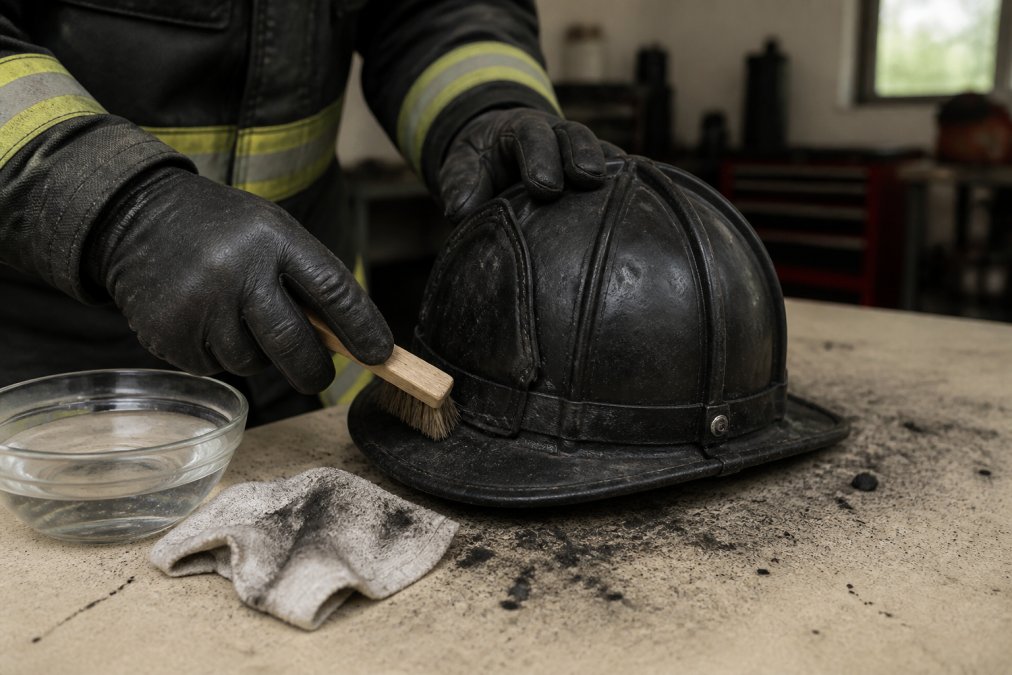 A gloved firefighter's hands using a soft brush and damp rag to gently remove soot from the dark leather brim of a traditional fire helmet on a clean workbench