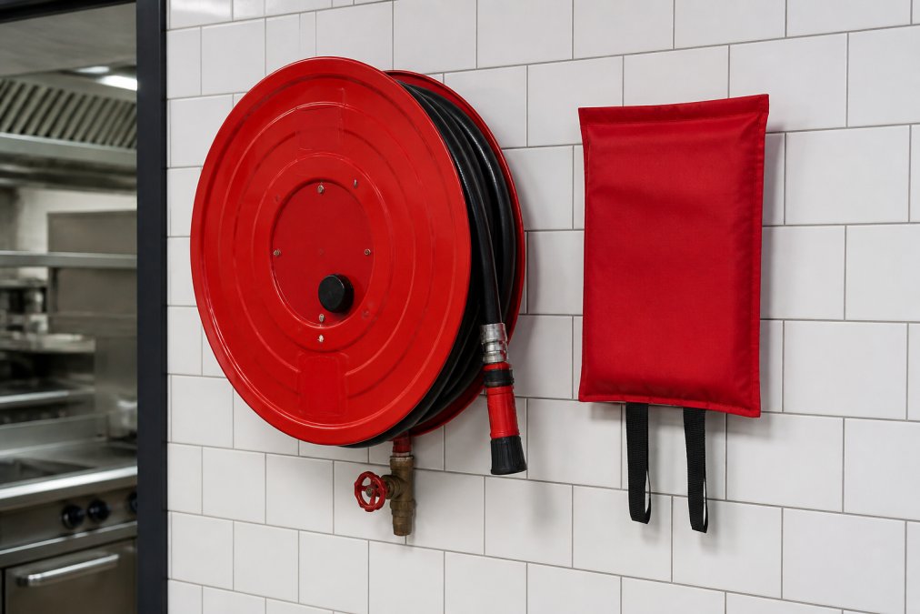 A wall-mounted fire hose reel with its nozzle visible next to a fire blanket pouch on a commercial kitchen wall, natural lighting, realistic setting