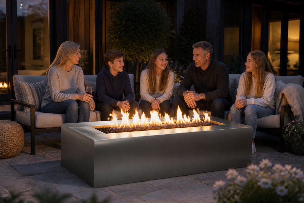 Family gathered around a modern gas fire table on a patio at dusk, with warm flames visible and comfortable seating nearby, warm ambient lighting