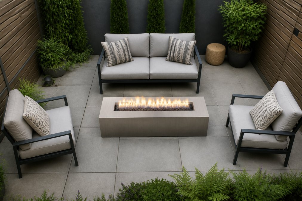Overhead view of a compact linear fire pit installed in a small urban backyard with seating arranged around it, natural daylight