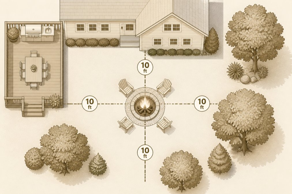 Overhead view of a residential backyard showing a fire pit installation with clear 10-foot distance markers painted on the ground from the fire pit to a two-story house, deck, and surrounding trees, demonstrating proper safety clearance zones on a sunny afternoon