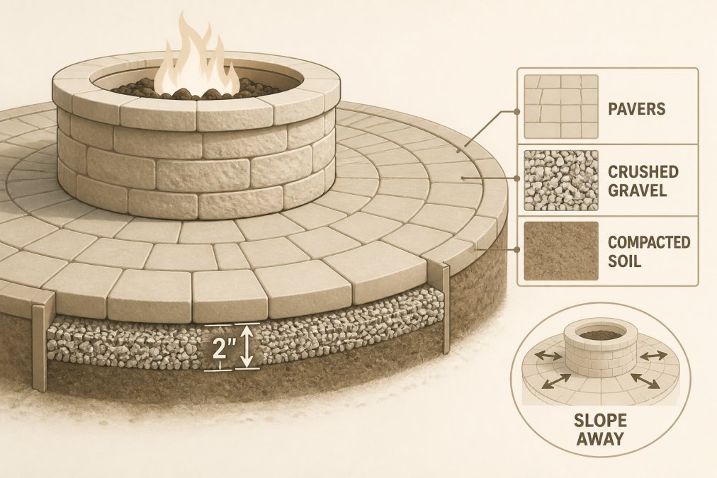 Close-up of a fire pit installed on a circular foundation of interlocking concrete pavers with a 2-inch layer of crushed gravel visible at the base, showing proper non-combustible material composition and drainage slope on a clear afternoon