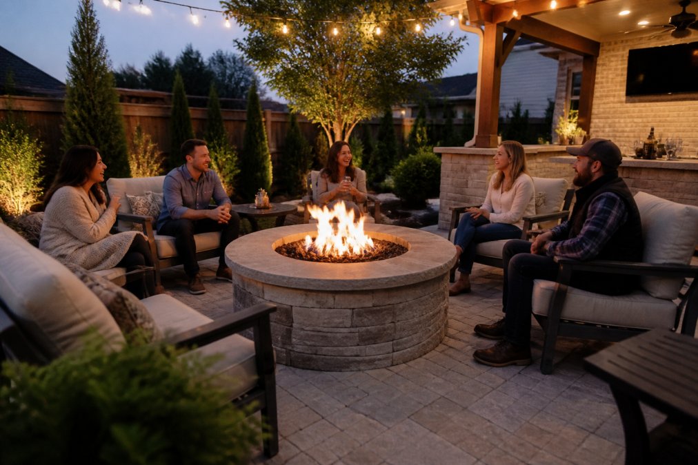 Family and friends gathered around a custom fire pit on a backyard patio at dusk, seated on outdoor furniture, enjoying warmth and conversation with the fire glowing in the center