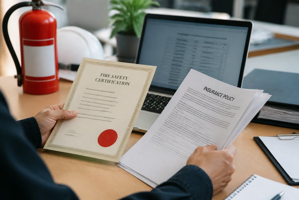 Professional holding fire safety certification documents and insurance papers on a desk with laptop showing verification details in the background