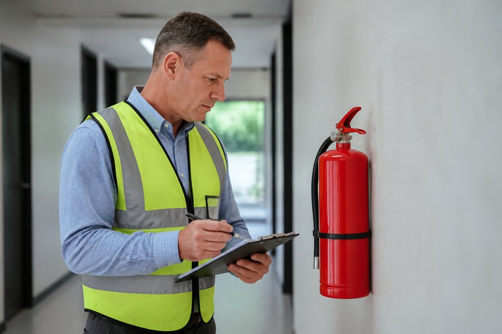A commercial property manager in a high-vis vest inspecting a wall-mounted fire extinguisher in a modern building corridor, holding a clipboard and pen
