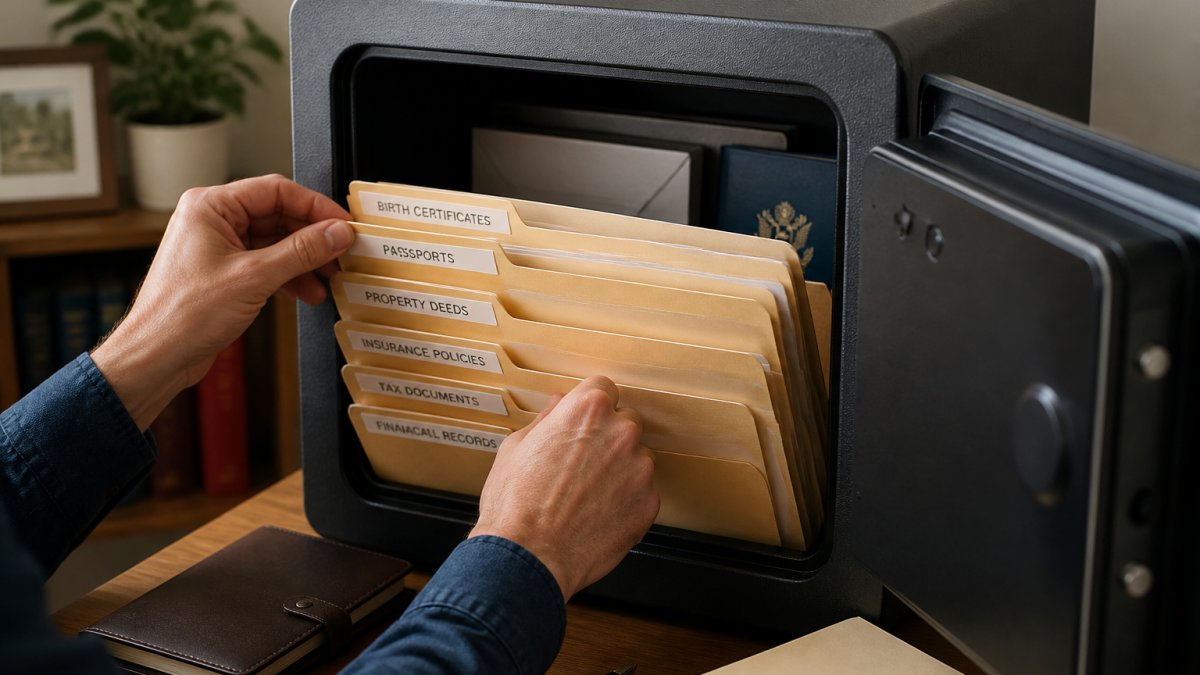 Birth certificates and passports organized in fire resistant durable storage containers with labeled file folders