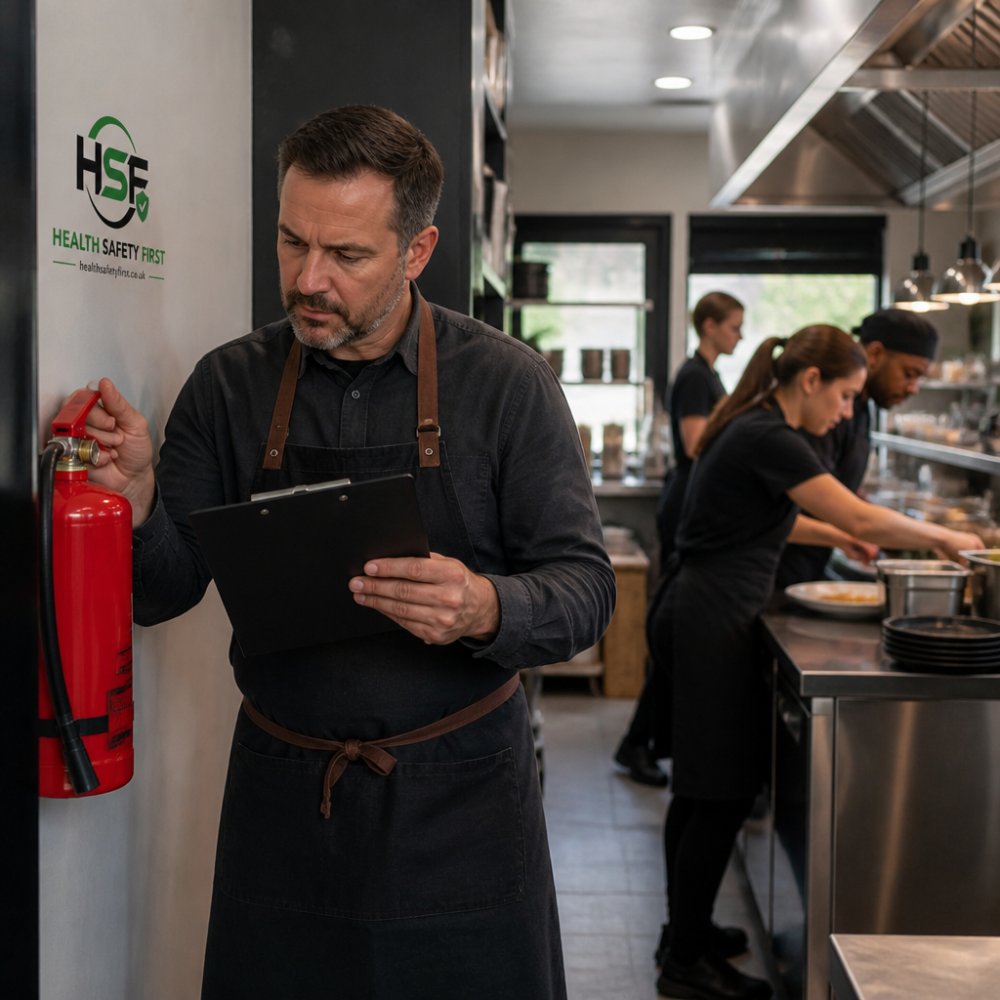 A café manager in a small kitchen inspecting a fire extinguisher and checking a clipboard checklist, with staff working in the background