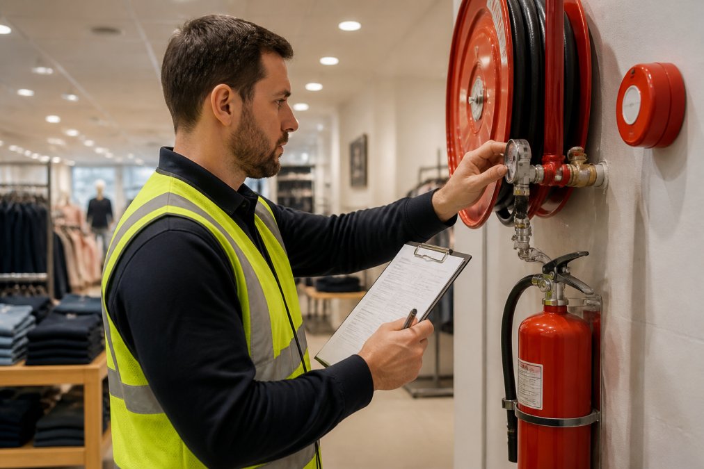 Professional fire safety auditor in high-visibility vest conducting inspection of fire safety equipment mounted on retail store wall, clipboard in hand, examining pressure gauge and certification label in modern commercial space