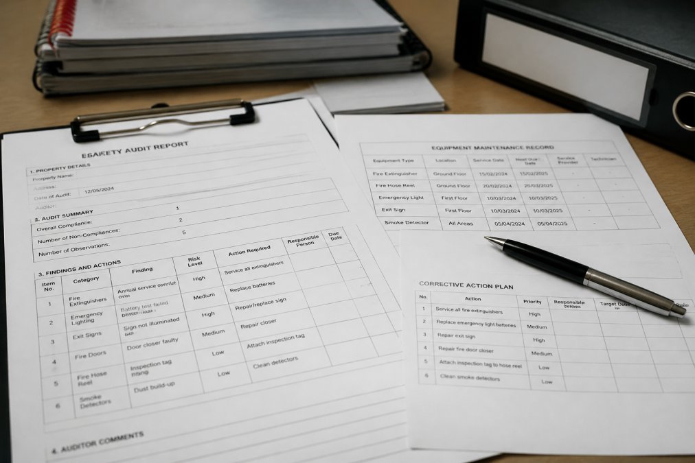 Close-up of detailed fire safety audit report and compliance documentation spread on desk with pen, showing inspection dates, equipment maintenance records, and corrective action items in professional office setting