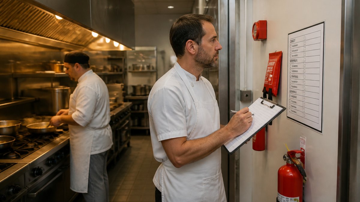 A restaurant kitchen manager in a white apron holding a clipboard, checking a wall-mounted fire safety checklist while a chef cooks on a commercial range in the background, warm overhead lighting