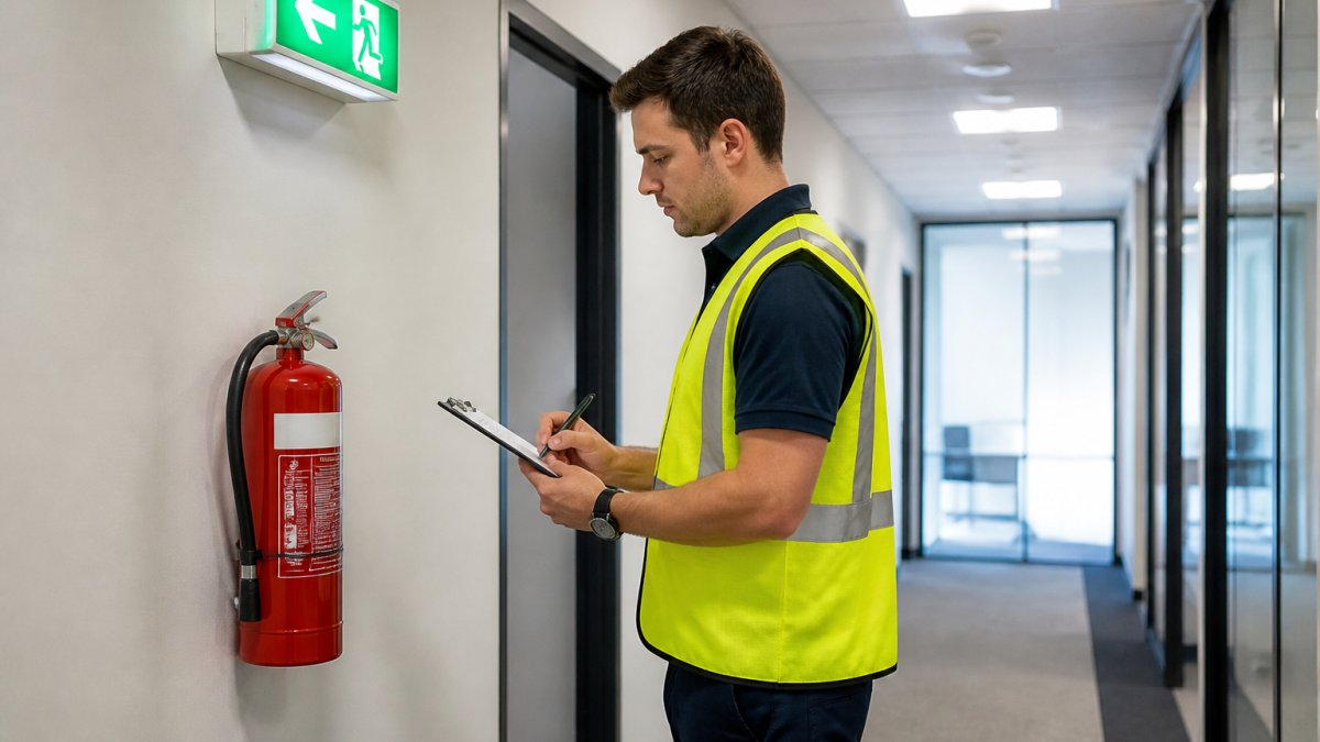 Auditor in high-visibility vest conducting a fire safety compliance audit of an office extinguisher and exit sign