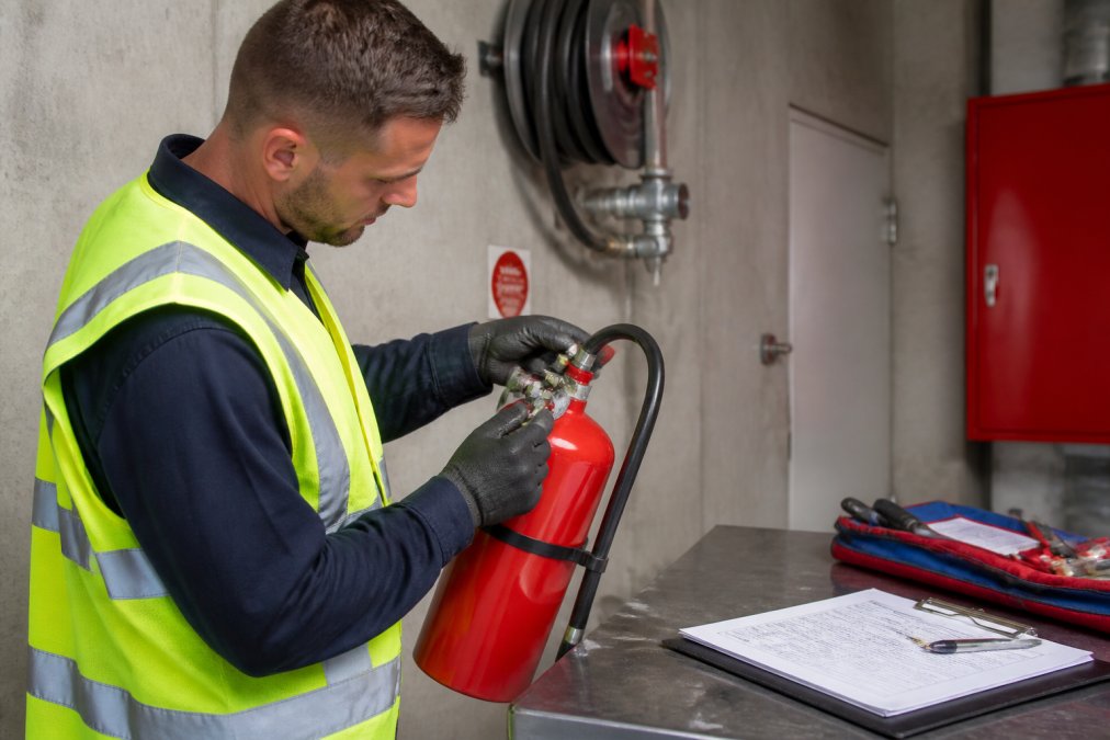 Qualified technician in high-visibility safety gear performing hands-on testing of a fire extinguisher in a commercial building, with inspection documentation and clipboard visible on a nearby workbench