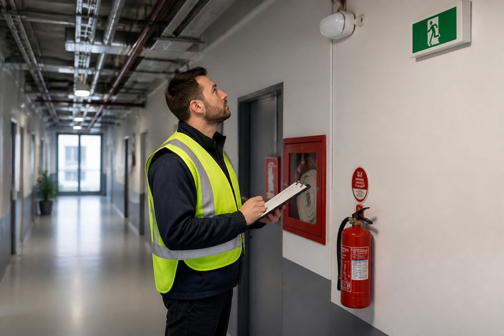 Property manager walking through commercial space, checking exit signs mounted on walls, inspecting emergency lighting fixtures, and documenting fire equipment locations on a checklist