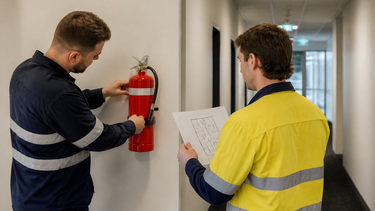 Licensed technician mounting fire safety equipment on a wall while a colleague reviews a floor plan layout.