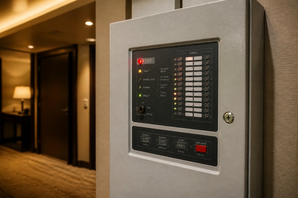 Close-up of a commercial fire alarm panel mounted on a wall inside a hospitality venue, with illuminated indicator lights and zone labels clearly visible under warm interior lighting