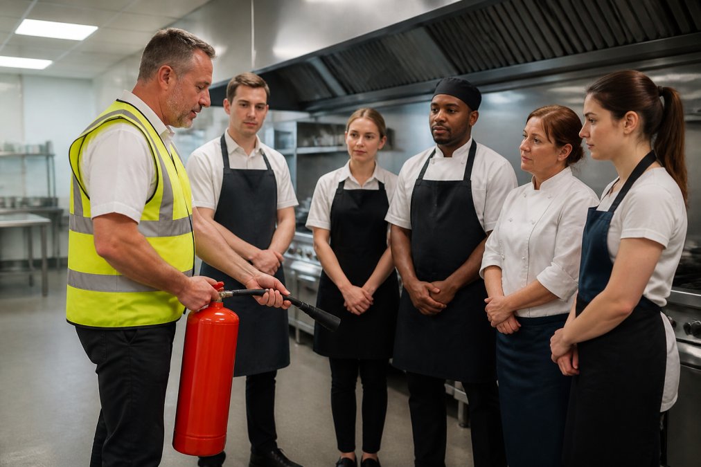 A fire safety trainer in high-visibility vest demonstrating correct fire extinguisher technique to a group of five hospitality workers in a commercial kitchen setting, with bright overhead lighting and stainless steel benches visible in the background