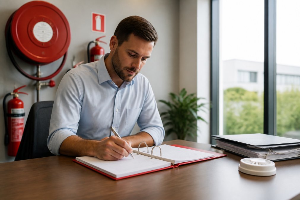 Property manager documenting fire safety logbook entries at a modern office desk with fire safety equipment visible in the background, natural daylight from windows