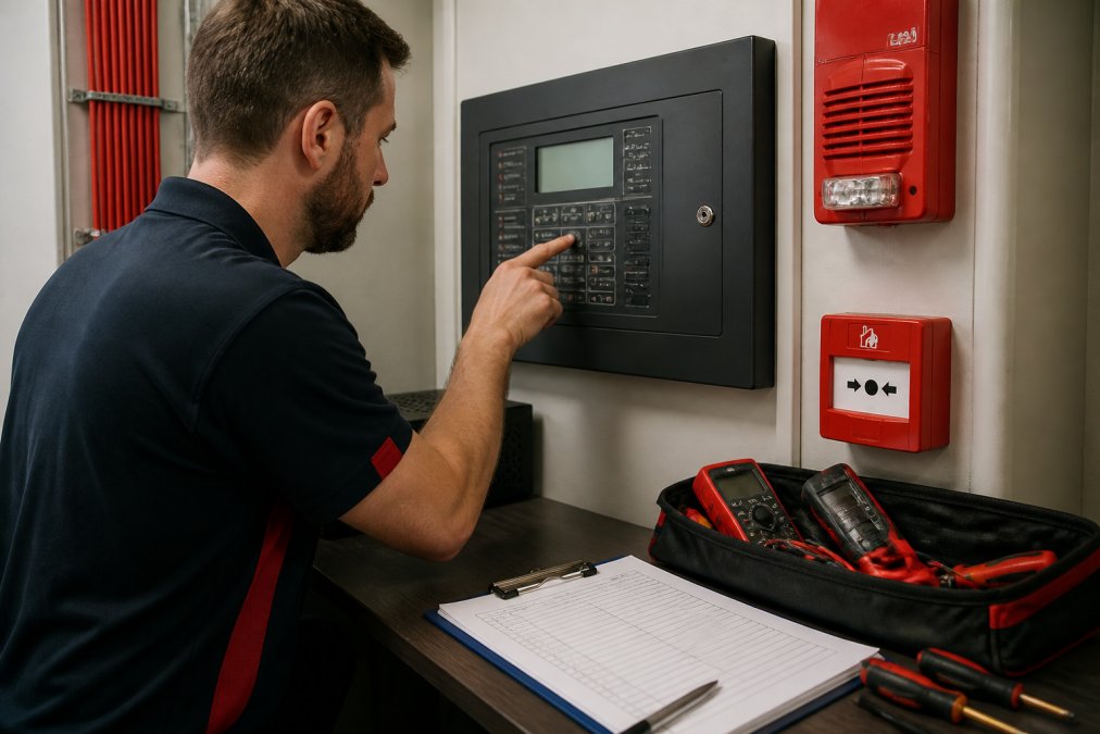 Fire safety professional conducting fire alarm system testing at a commercial building control panel with logbook and testing equipment visible on the desk