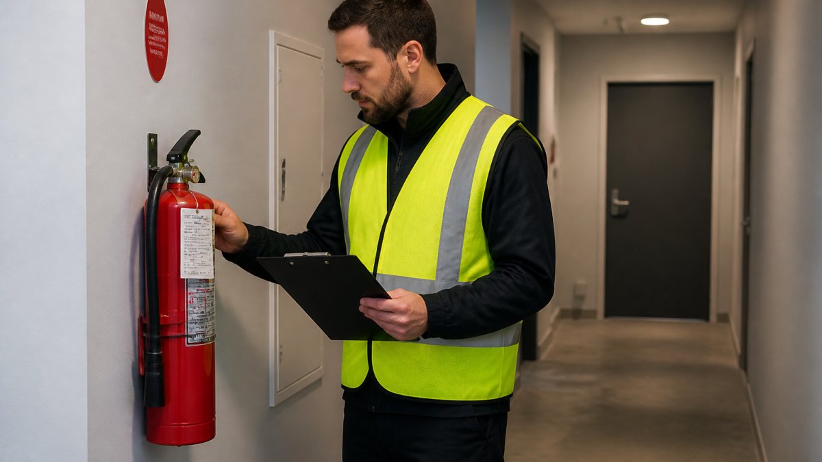 A strata building manager in a high-vis vest holding a clipboard and inspecting a fire extinguisher mounted in a residential apartment block corridor, with a fire door visible in the background