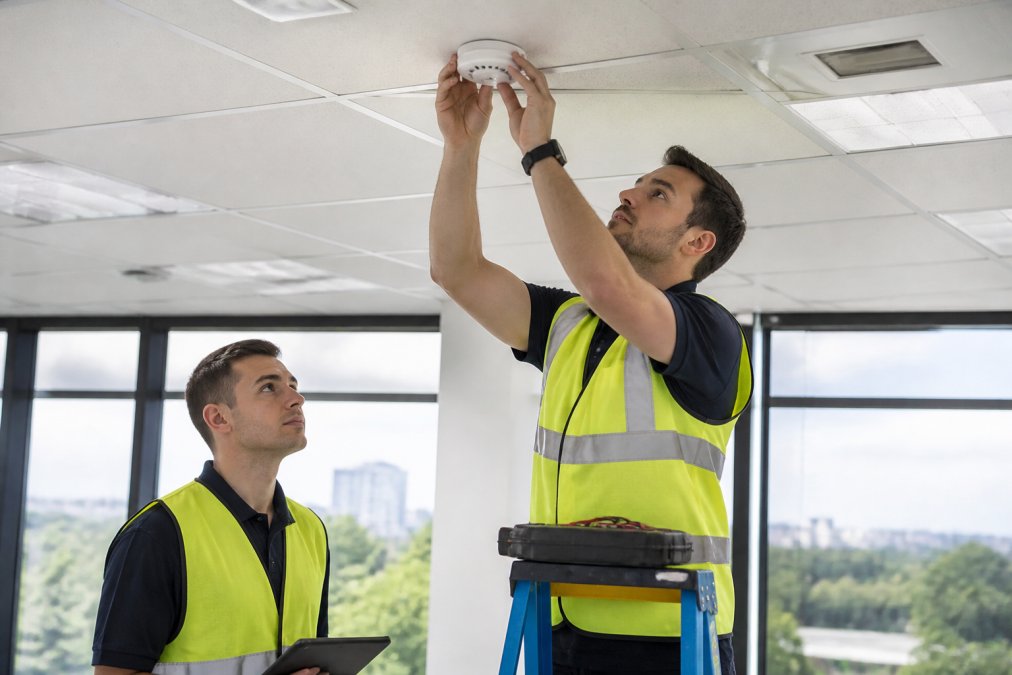 Professional technician installing smoke detector on office ceiling while colleague monitors installation in modern commercial building interior with natural light