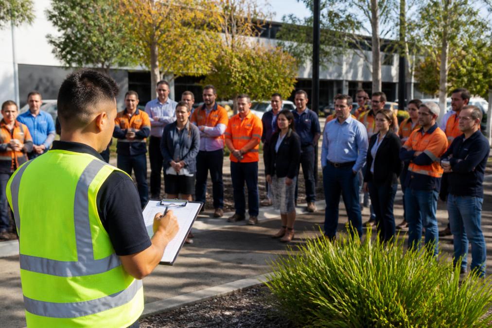 Group of employees gathering at an outdoor assembly point during a fire drill, with fire warden checking attendance on clipboard and clipboard in hand, outdoor daylight