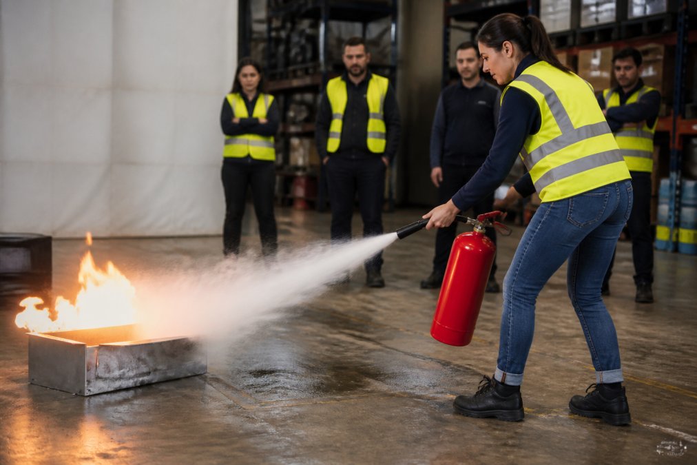Employee demonstrating proper fire extinguisher technique in workplace training session, showing correct stance with nozzle aimed at base of training fire, hands positioned correctly on handle, bright indoor training facility