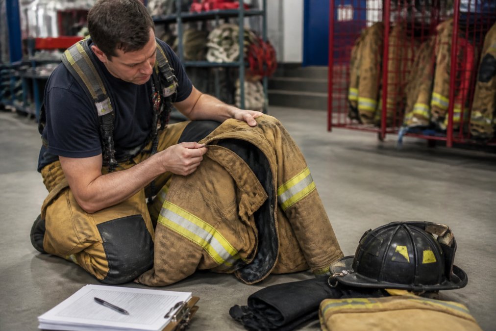 Firefighter inspecting a turnout coat using fire service gear inspection standards 2026 at a station bay