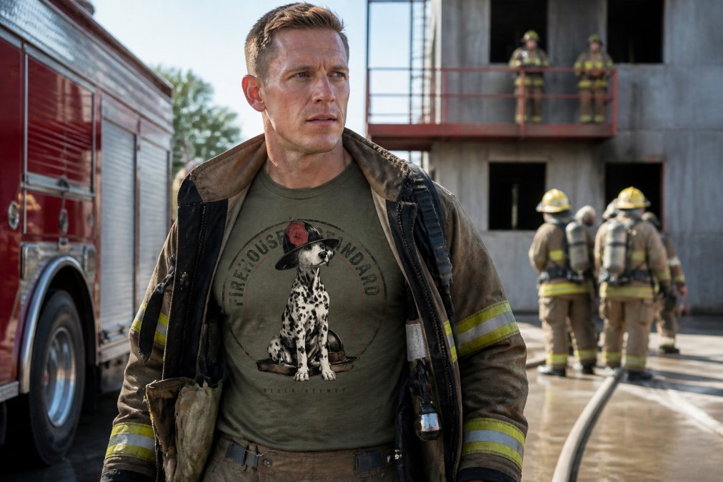 Firefighter in full station gear wearing a premium duty shirt during a training exercise, demonstrating fit and durability in action, natural daylight