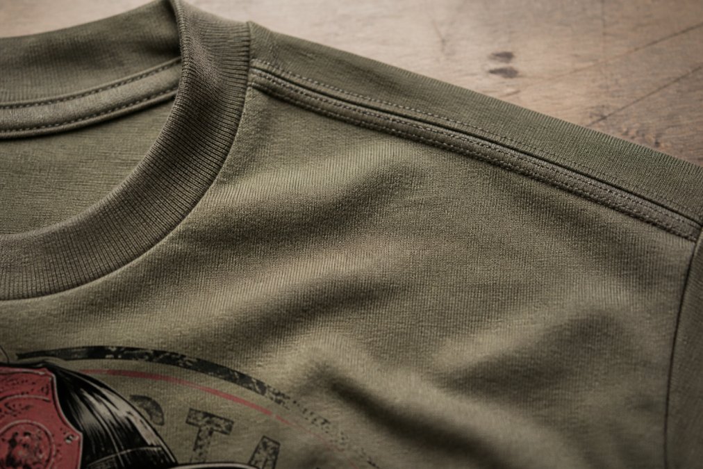 Close-up detail of high-quality fabric stitching, reinforced seams, and textile construction on a premium firefighter shirt, demonstrating durability features and craftsmanship