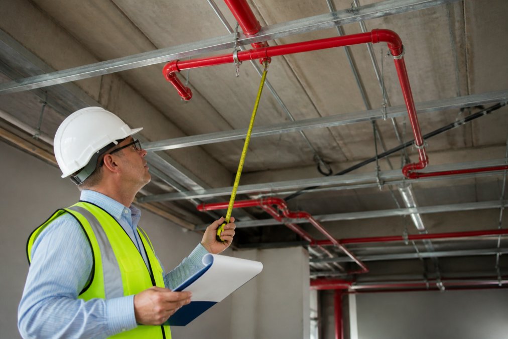 Fire protection engineer assessing commercial building's sprinkler head layout and piping infrastructure during site survey, measuring distances and checking ceiling heights